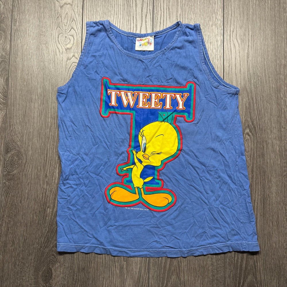 Vintage Tweety Bird 1996 Tank Top Shirt Single Stitch Medium Blue Looney Tunes